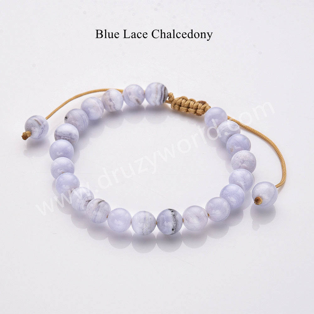 6mm Natural Blue Lace Agate Beaded Adjustable Bracelet