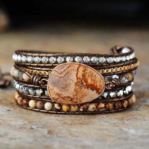 Owyhee Picture Jasper 4mm Mixed Stone Beaded Leather Wrap Bracelet, 5-Layers, Handmade Boho Jewelry HD0386