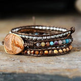 Owyhee Picture Jasper 4mm Mixed Stone Beaded Leather Wrap Bracelet, 5-Layers, Handmade Boho Jewelry HD0386