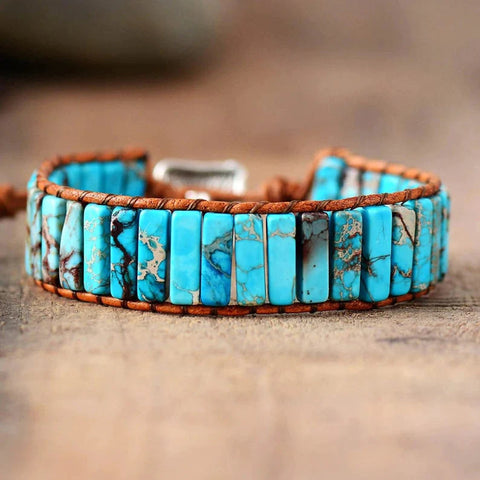 Rectangle Blue Imperial Jasper Stone Beaded Leather Wrap Bracelet, Handmade Boho Jewelry HD0387