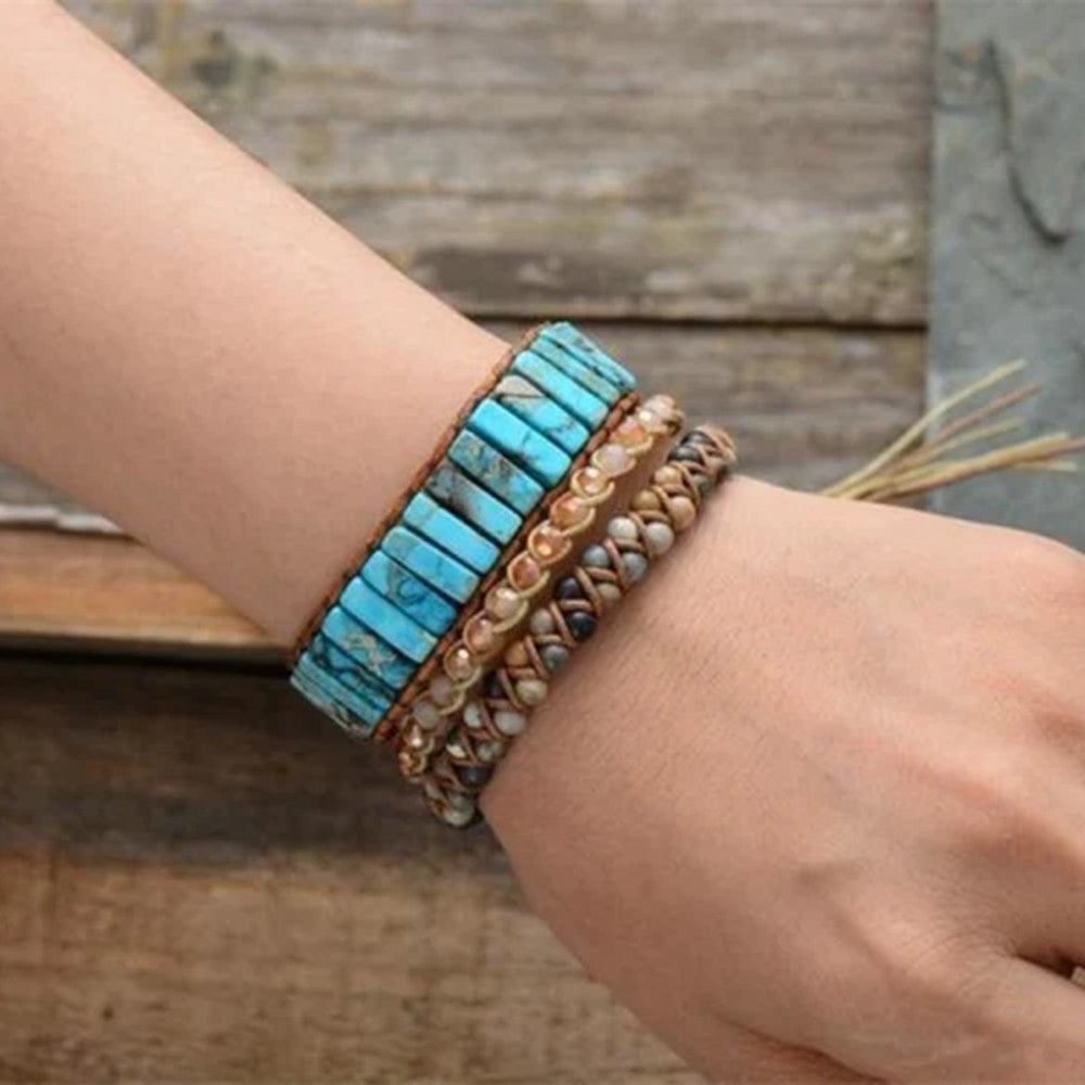 Rectangle Blue Imperial Jasper Stone Beaded Leather Wrap Bracelet, Handmade Boho Jewelry HD0387