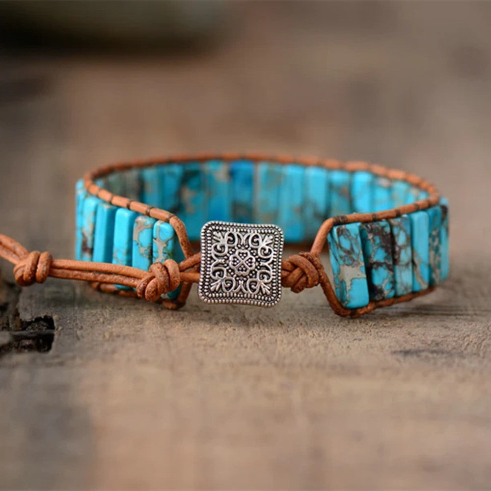 Rectangle Blue Imperial Jasper Stone Beaded Leather Wrap Bracelet, Handmade Boho Jewelry HD0387
