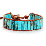 Rectangle Blue Imperial Jasper Stone Beaded Leather Wrap Bracelet, Handmade Boho Jewelry HD0387