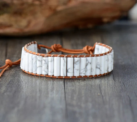 Cylinder White Howlite  Bar Beads Leather Wrap Bracelet, Handmade Boho Jewelry HD0388