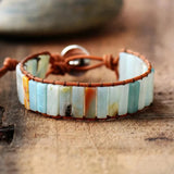 Rectangle Amazonite Stone Beaded Leather Wrap Bracelet,Tree Of Life, Handmade Boho Jewelry HD0389