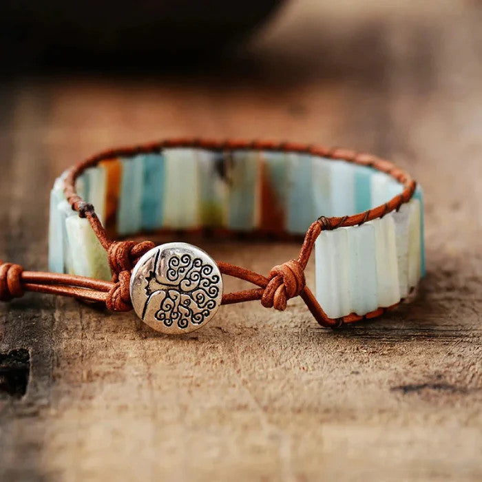 Rectangle Amazonite Stone Beaded Leather Wrap Bracelet,Tree Of Life, Handmade Boho Jewelry HD0389