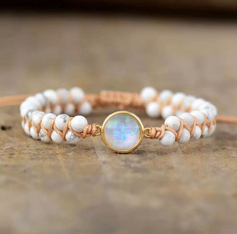 Adjustable Gold White Opal & White Howlite Beaded Wrap Bracelet, Handmade Boho Jewelry HD0390