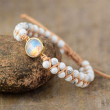 Adjustable Gold White Opal & White Howlite Beaded Wrap Bracelet, Handmade Boho Jewelry HD0390