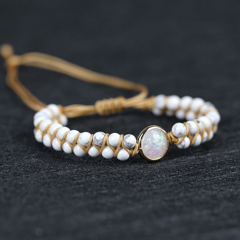Adjustable Gold White Opal & White Howlite Beaded Wrap Bracelet, Handmade Boho Jewelry HD0390