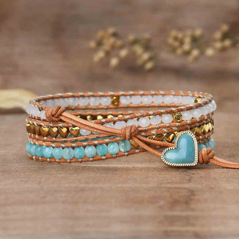 Gold Amazonite Rhodonite Pearl Heart 4mm Mixed Stone Beaded Leather Wrap Bracelet, Handmade Boho Jewelry HD0391