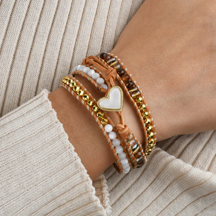 Gold Multi Gemstone Heart 4mm Mixed Stone Beaded Leather Wrap Bracelet, Handmade Boho Jewelry HD0391