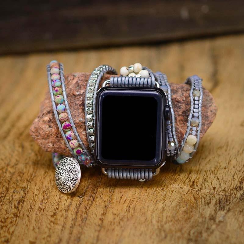 Purple Imperial Jasper Amazonite Beads Watch Strap, 5-Layers Leather Wrap Bracelet, iwatch Bands, Bracelet for Apple Watch HD0418