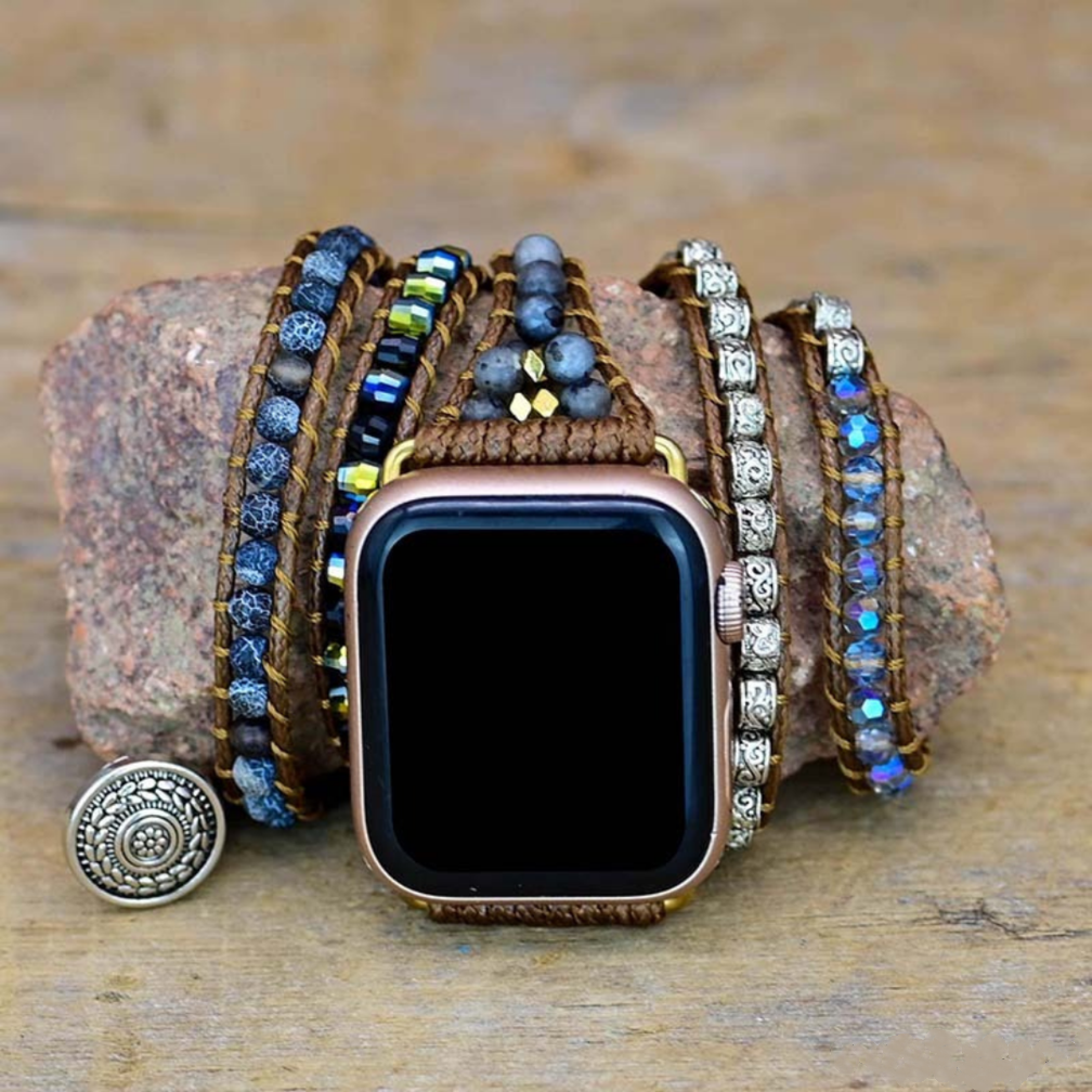 Blue Fire Agate Larvikite Gemstone Beads Watch Strap, 5-Layers Leather Wrap Bracelet, iwatch Bands, Bracelet for Apple Watch HD0419