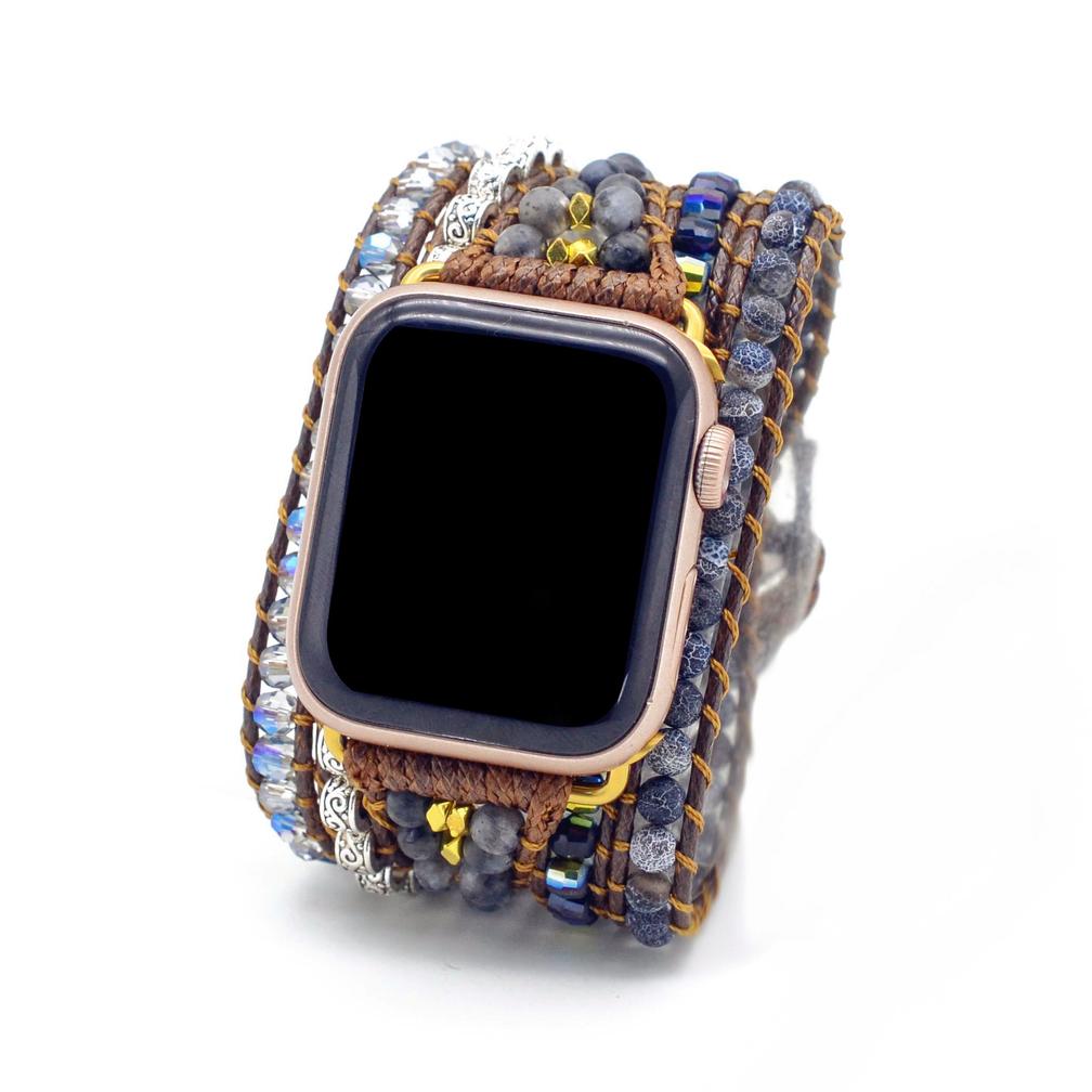 Blue Fire Agate Larvikite Gemstone Beads Watch Strap, 5-Layers Leather Wrap Bracelet, iwatch Bands, Bracelet for Apple Watch HD0419