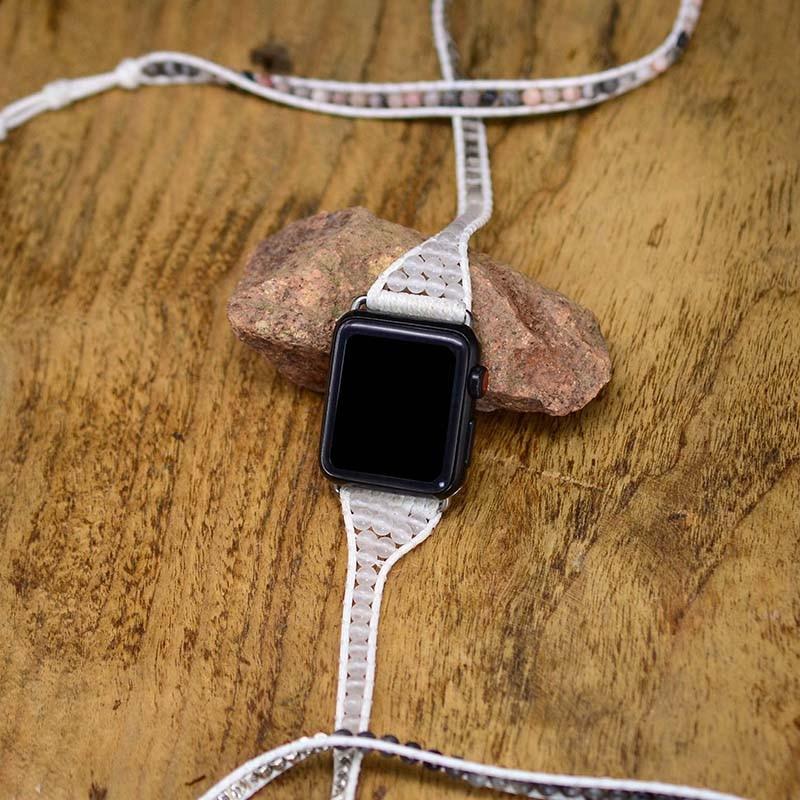 Larvikite White Quartz Pink Opal Natural Stone Beads Watch Strap, 5-Layers Leather Wrap Bracelet, iwatch Bands, Bracelet for Apple Watch HD0420