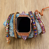 Purple Imperial Jasper Titanium Beads Watch Strap, 5-Layers Leather Wrap Bracelet, iwatch Bands, Bracelet for Apple Watch HD0421