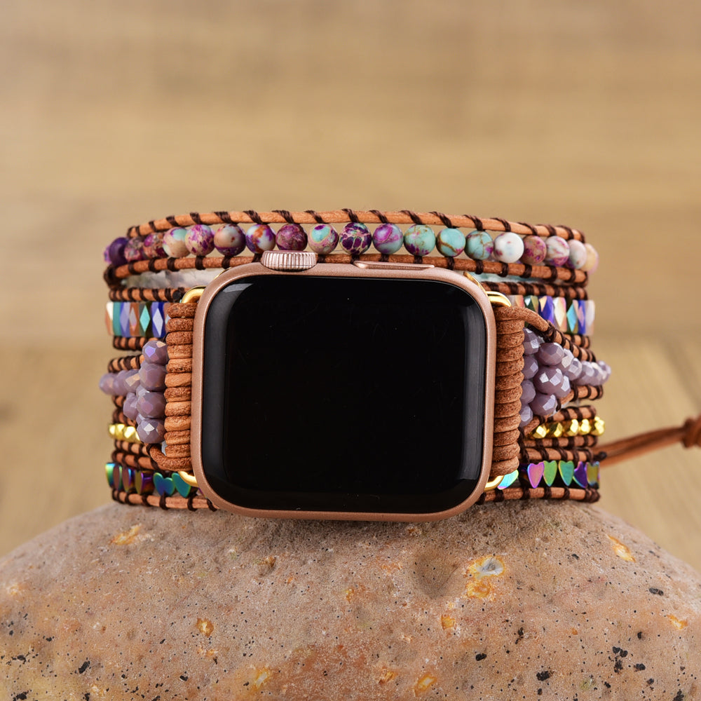 Purple Imperial Jasper Titanium Beads Watch Strap, 5-Layers Leather Wrap Bracelet, iwatch Bands, Bracelet for Apple Watch HD0421