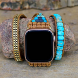 Aqua Blue Imperial Jasper Natural Stone Beads Watch Strap, 3-Layers Leather Wrap Bracelet, iwatch Bands, Bracelet for Apple Watch HD0422-2