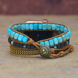 Aqua Blue Imperial Jasper Natural Stone Beads Watch Strap, 3-Layers Leather Wrap Bracelet, iwatch Bands, Bracelet for Apple Watch HD0422-2