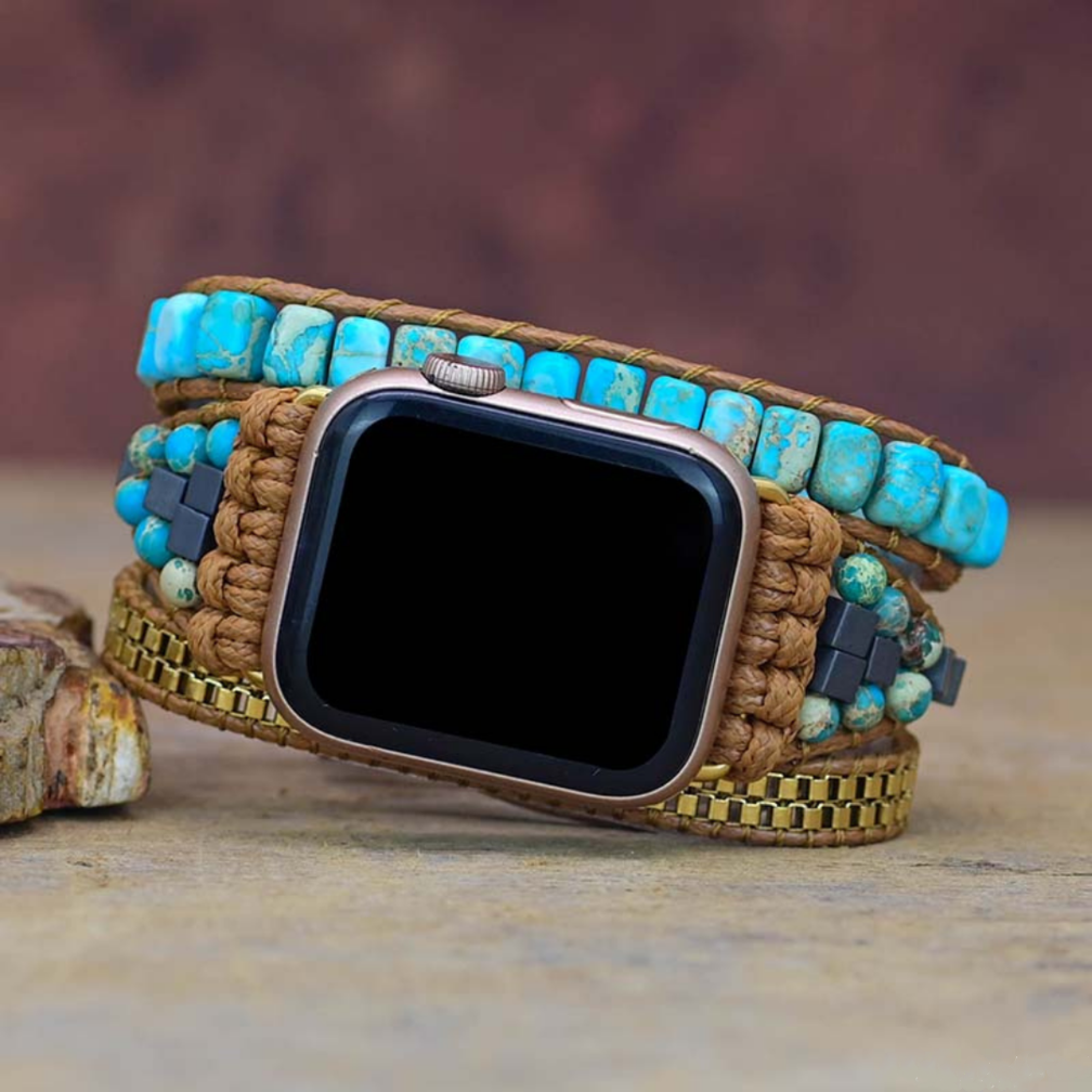 Aqua Blue Imperial Jasper Natural Stone Beads Watch Strap, 3-Layers Leather Wrap Bracelet, iwatch Bands, Bracelet for Apple Watch HD0422-2