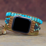 Aqua Blue Imperial Jasper Natural Stone Beads Watch Strap, 3-Layers Leather Wrap Bracelet, iwatch Bands, Bracelet for Apple Watch HD0422-2