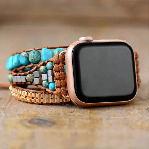 Aqua Blue Imperial Jasper Natural Stone Beads Watch Strap, 3-Layers Leather Wrap Bracelet, iwatch Bands, Bracelet for Apple Watch HD0422-2