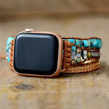 Aqua Blue Imperial Jasper Natural Stone Beads Watch Strap, 3-Layers Leather Wrap Bracelet, iwatch Bands, Bracelet for Apple Watch HD0422-2