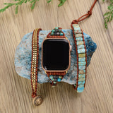 Light Imperial Jasper Natural Stone Beads Watch Strap, 3-Layers Leather Wrap Bracelet, iwatch Bands, Bracelet for Apple Watch HD0422-1