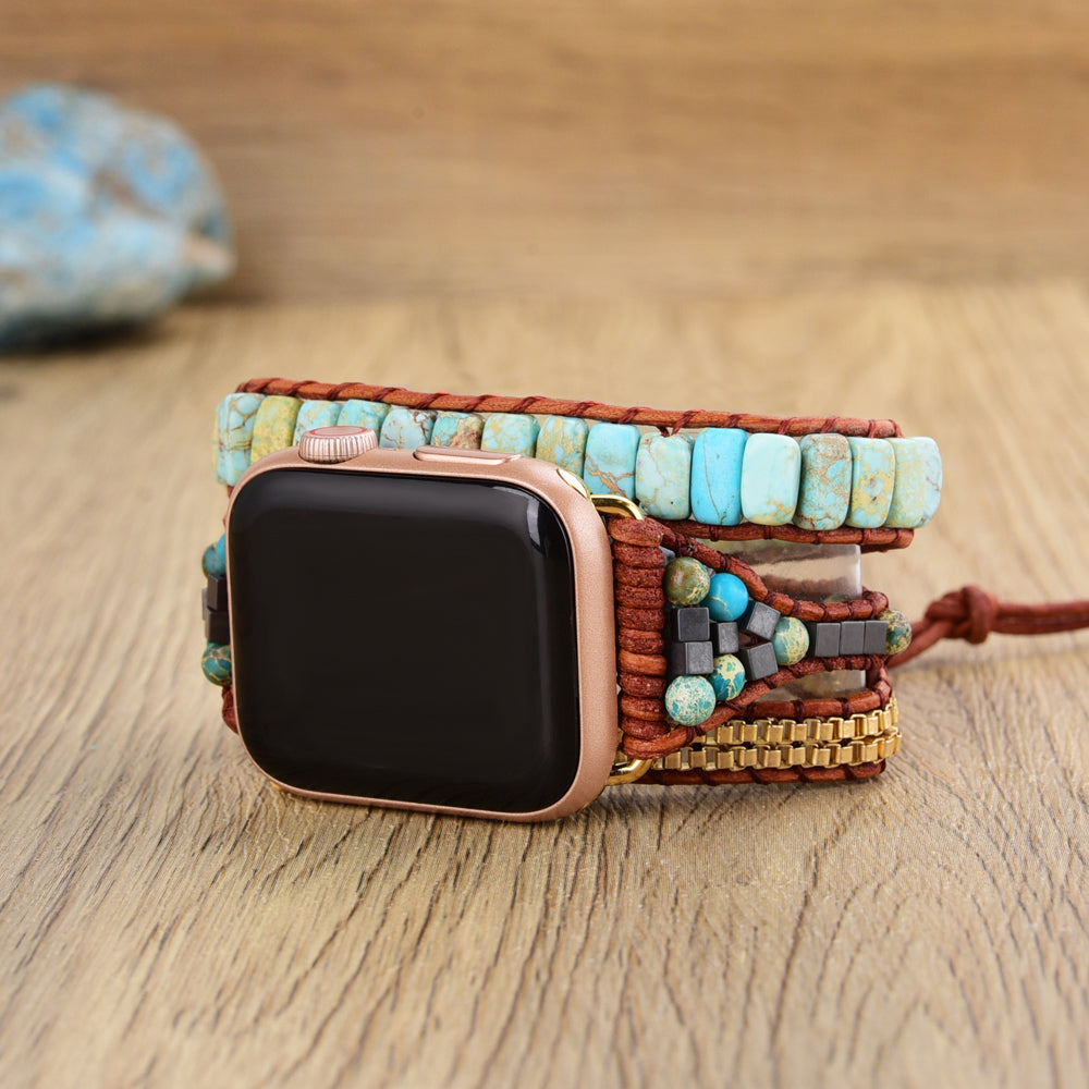 Imperial Jasper Natural Stone Beads Watch Strap, 3-Layers Leather Wrap Bracelet, iwatch Bands, Bracelet for Apple Watch HD0422