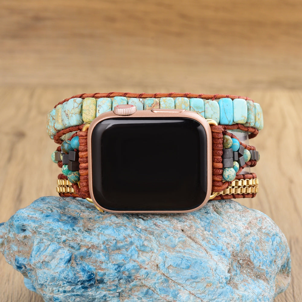 Imperial Jasper Natural Stone Beads Watch Strap, 3-Layers Leather Wrap Bracelet, iwatch Bands, Bracelet for Apple Watch HD0422