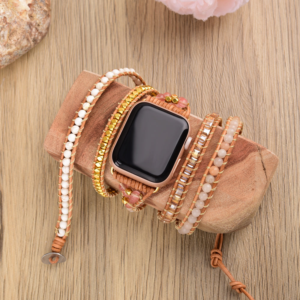 Rose Quartz White Howlite 4mm Gemstone Beaded Watch Strap, 5-Layers Leather Wrap Bracelet, iwatch Bands, Bracelet for Apple Watch HD0423