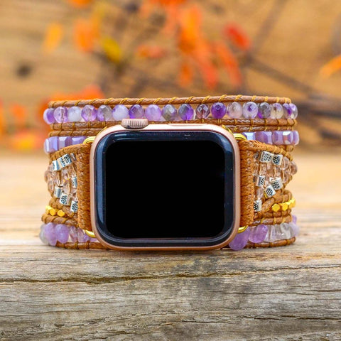 Amethyst Natural Stone Beads Watch Strap, 5-Layers Leather Wrap Bracelet, iwatch Bands, Bracelet for Apple Watch HD0424