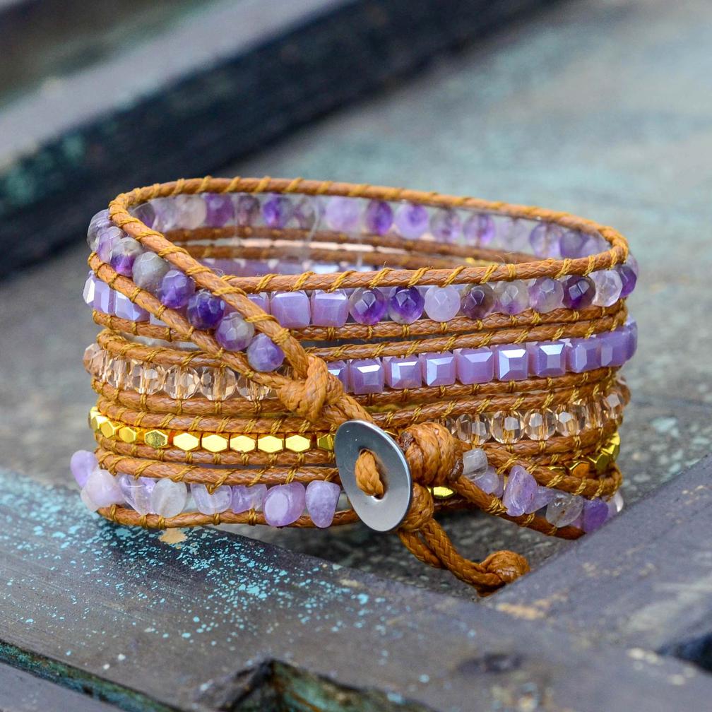 Amethyst Natural Stone Beads Watch Strap, 5-Layers Leather Wrap Bracelet, iwatch Bands, Bracelet for Apple Watch HD0424