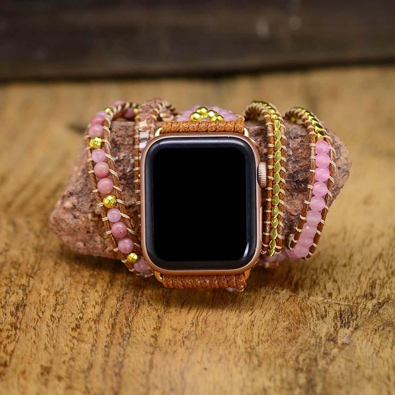 Rhodonite Rose Quartz Natural Stone Beads Watch Strap, 5-Layers Leather Wrap Bracelet, iwatch Bands, Bracelet for Apple Watch HD0425