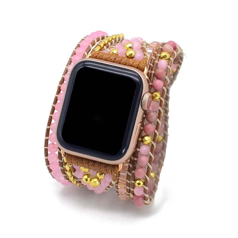 Rhodonite Rose Quartz Natural Stone Beads Watch Strap, 5-Layers Leather Wrap Bracelet, iwatch Bands, Bracelet for Apple Watch HD0425