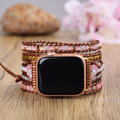 Pink Cat's Eye Pink Opal Gemstone Beaded Watch Strap, 5-Layers Leather Wrap Bracelet, 4mm Stone Beads, iwatch Bands, Bracelet for Apple Watch HD0426