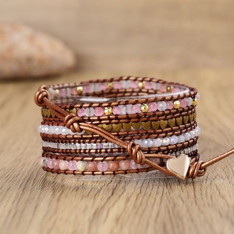 Pink Cat's Eye Pink Opal Gemstone Beaded Watch Strap, 5-Layers Leather Wrap Bracelet, 4mm Stone Beads, iwatch Bands, Bracelet for Apple Watch HD0426