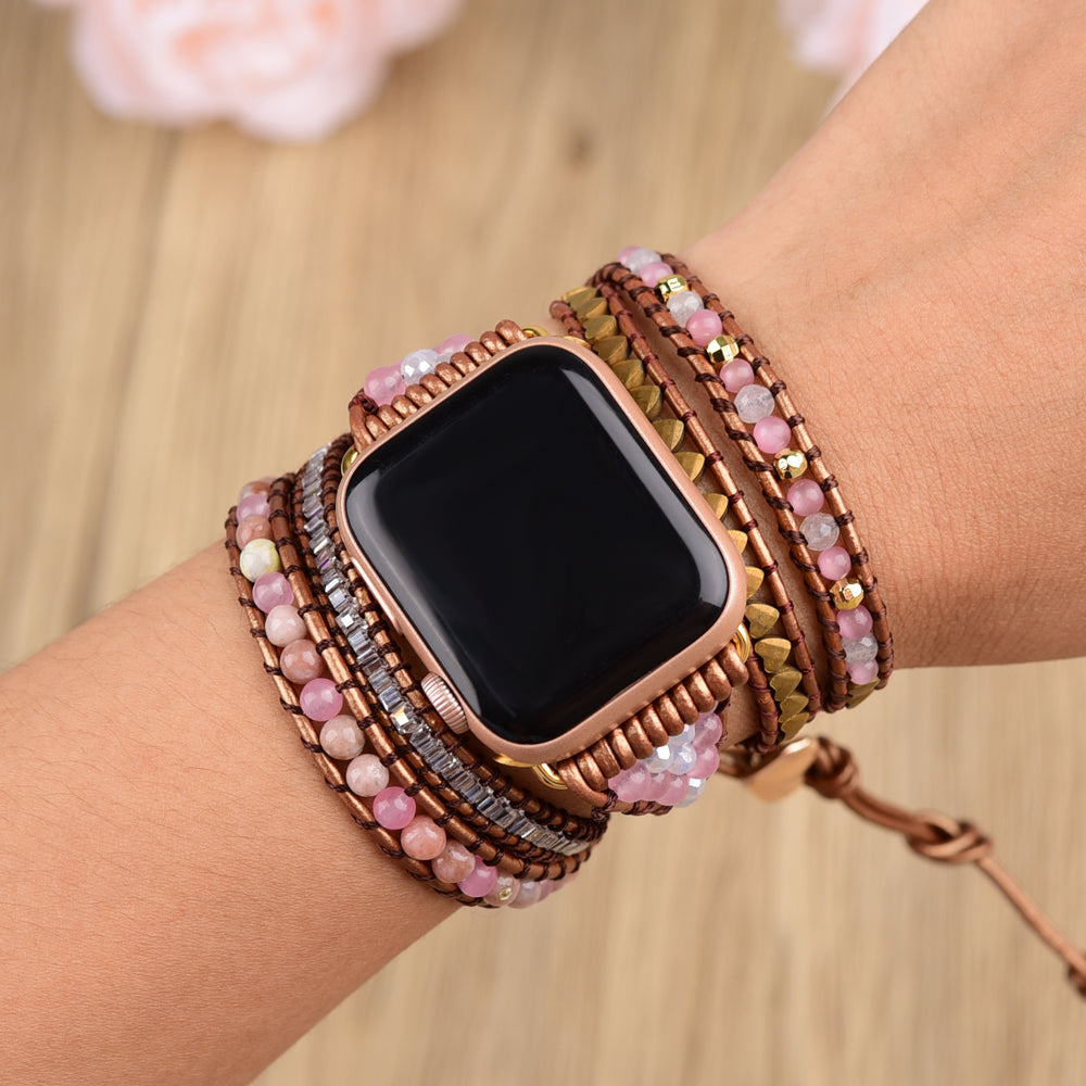 Pink Crystal Gemstone Beaded Watch Strap, 5-Layers Leather Wrap Bracelet, 4mm Stone Beads, iwatch Bands, Bracelet for Apple Watch HD0426