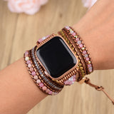 Pink Cat's Eye Pink Opal Gemstone Beaded Watch Strap, 5-Layers Leather Wrap Bracelet, 4mm Stone Beads, iwatch Bands, Bracelet for Apple Watch HD0426