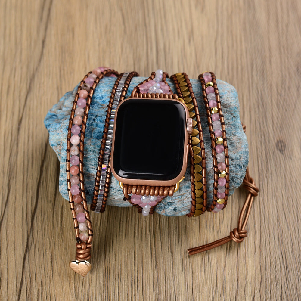 Pink Crystal Gemstone Beaded Watch Strap, 5-Layers Leather Wrap Bracelet, 4mm Stone Beads, iwatch Bands, Bracelet for Apple Watch HD0426