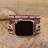 Pink Cat's Eye Pink Opal Gemstone Beaded Watch Strap, 5-Layers Leather Wrap Bracelet, 4mm Stone Beads, iwatch Bands, Bracelet for Apple Watch HD0426