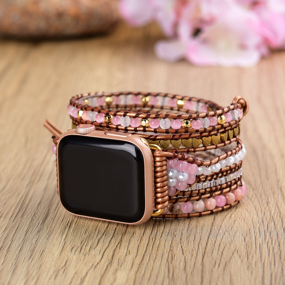 Pink Crystal Gemstone Beaded Watch Strap, 5-Layers Leather Wrap Bracelet, 4mm Stone Beads, iwatch Bands, Bracelet for Apple Watch HD0426