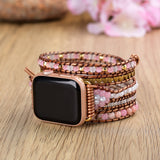 Pink Cat's Eye Pink Opal Gemstone Beaded Watch Strap, 5-Layers Leather Wrap Bracelet, 4mm Stone Beads, iwatch Bands, Bracelet for Apple Watch HD0426