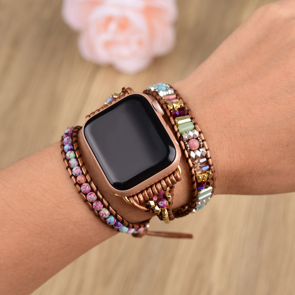 Purple Sea Sediment Jasper Gemstone Beaded Watch Strap, 3-Layers Leather Wrap Bracelet, 4mm Stone Beads, iwatch Bands, Bracelet for Apple Watch HD0427