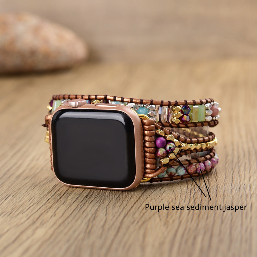 Purple Sea Sediment Jasper Gemstone Beaded Watch Strap, 3-Layers Leather Wrap Bracelet, 4mm Stone Beads, iwatch Bands, Bracelet for Apple Watch HD0427