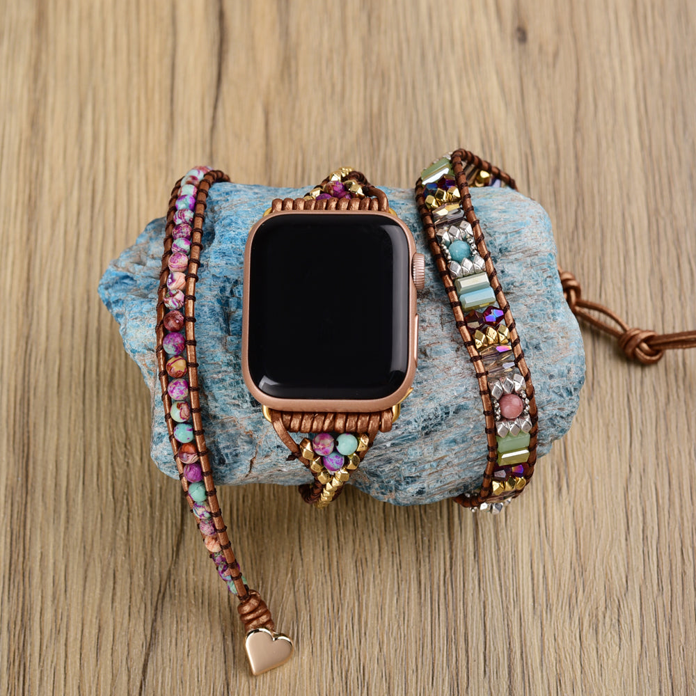 Purple Sea Sediment Jasper Gemstone Beaded Watch Strap, 3-Layers Leather Wrap Bracelet, 4mm Stone Beads, iwatch Bands, Bracelet for Apple Watch HD0427