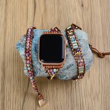 Purple Sea Sediment Jasper Gemstone Beaded Watch Strap, 3-Layers Leather Wrap Bracelet, 4mm Stone Beads, iwatch Bands, Bracelet for Apple Watch HD0427