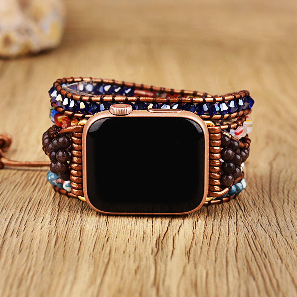 Blue Sodalite Jasper Gemstone Beaded Watch Strap, 5-Layers Leather Wrap Bracelet, 4mm Stone Beads, iwatch Bands, Bracelet for Apple Watch HD0428