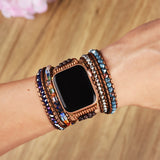 Blue Sodalite Jasper Gemstone Beaded Watch Strap, 5-Layers Leather Wrap Bracelet, 4mm Stone Beads, iwatch Bands, Bracelet for Apple Watch HD0428