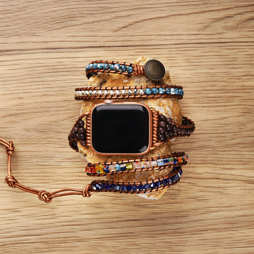 Blue Sodalite Jasper Gemstone Beaded Watch Strap, 5-Layers Leather Wrap Bracelet, 4mm Stone Beads, iwatch Bands, Bracelet for Apple Watch HD0428